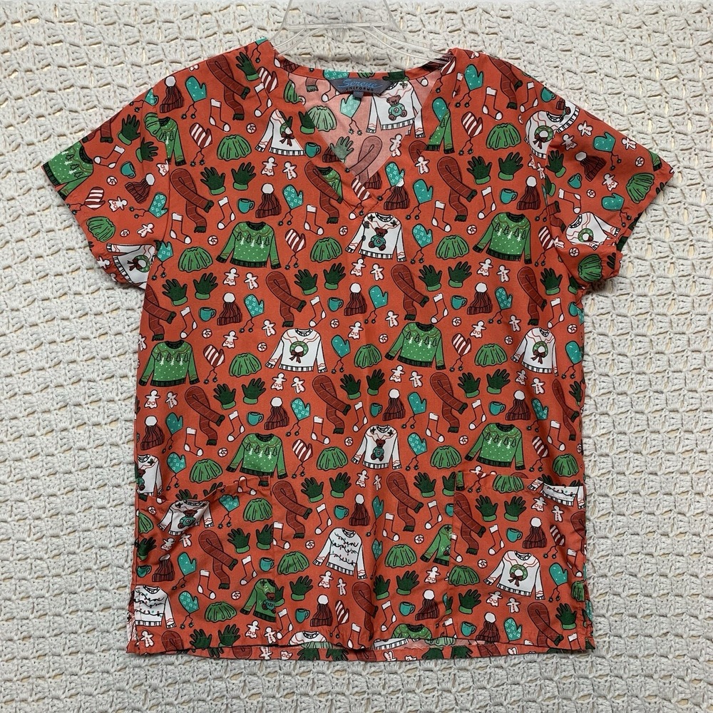 Serene Scrub Top Women Size M Red Christmas Prints Polyester Pockets Medical